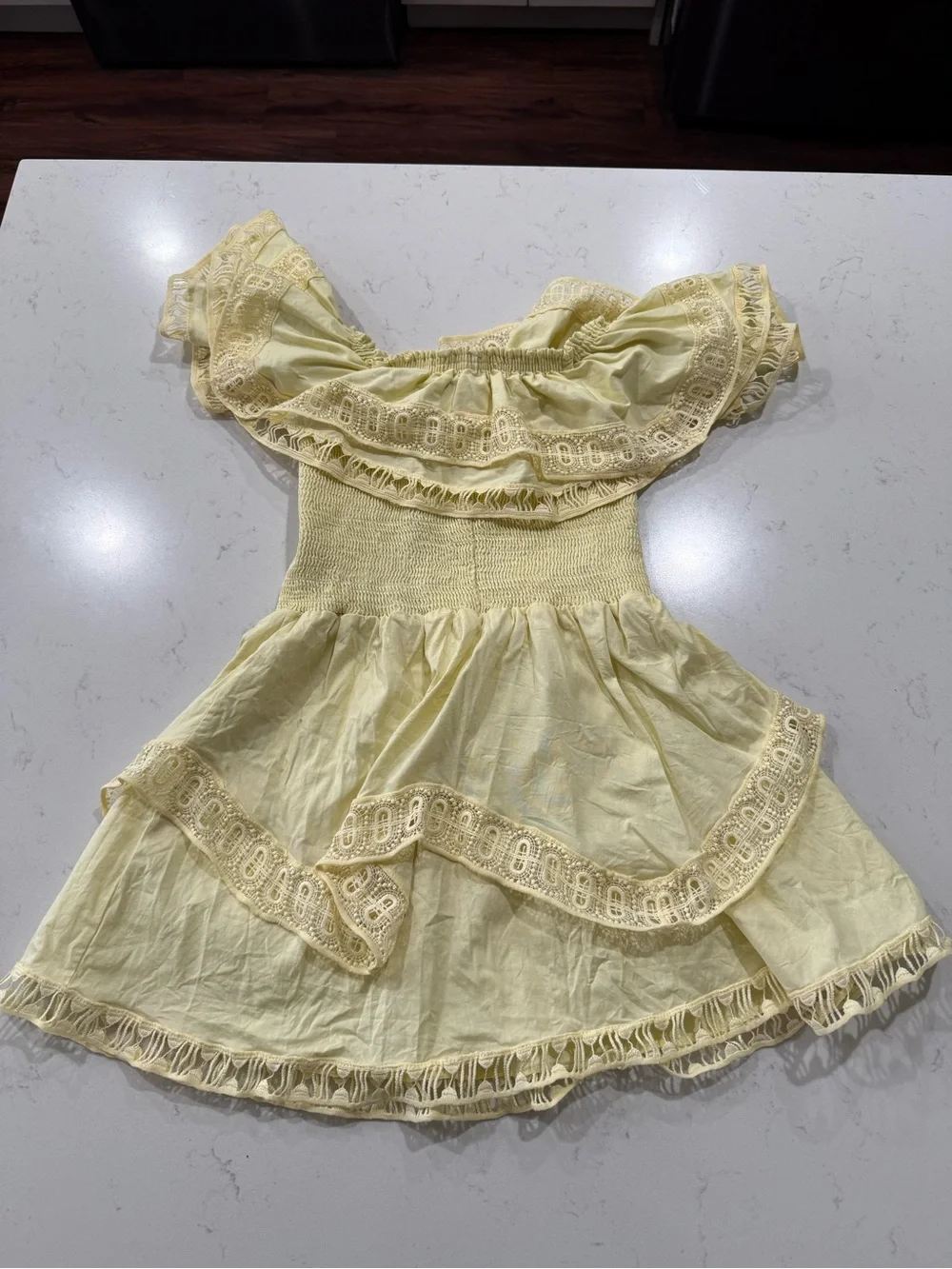 Soft Yellow Off-Shoulder Ruffle Mini Dress - Picture 7 of 12